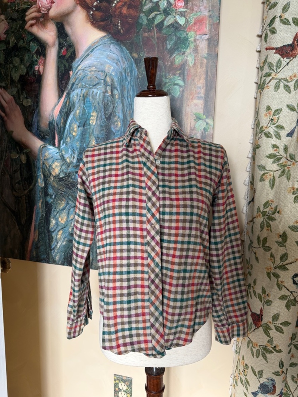 Lands' End Vintage Flannel Cotton Multicolor Checked Button-Up Shirt